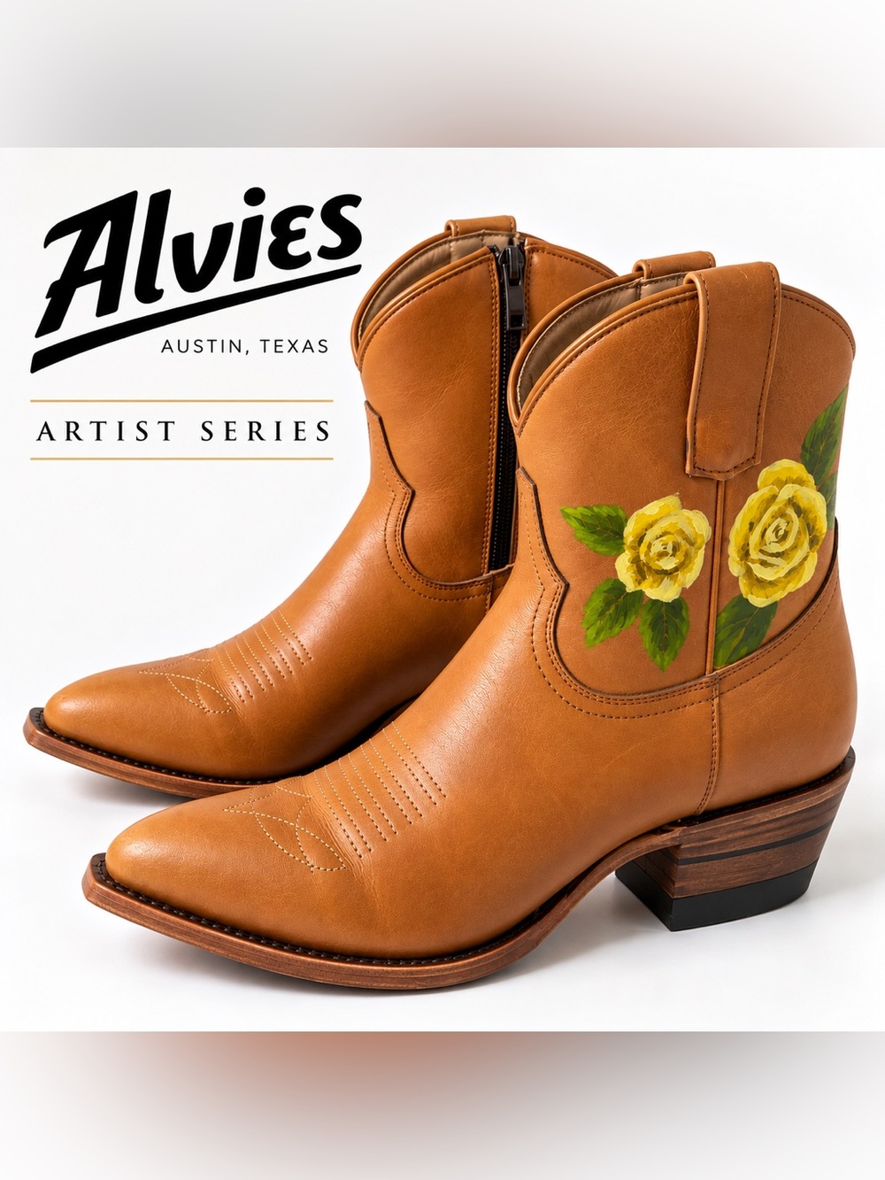 Alvies Artist Series Rainey Hand Painted Yellow Rose Ankle Boots 9 NIB